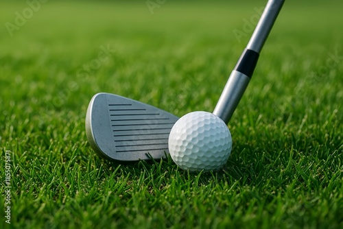 Close-up of a Golf Club Ready to Hit a White Ball on Green Grass Fairway.