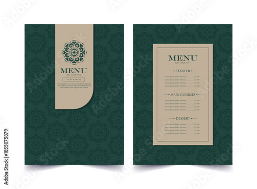 Elegant Decorative Restaurant Menu Design Template With Dark Green Floral Pattern