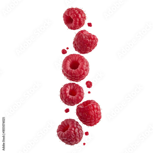 Delicious vibrant red fresh ripe raspberries and small berry pieces falling gracefully downward in motion, isolated on transparent background