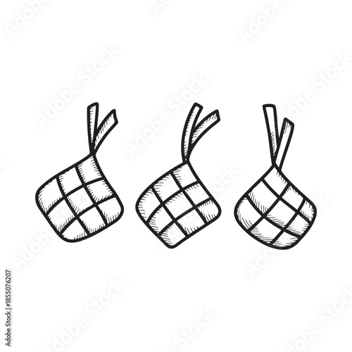 Three hand drawn ketupat illustrations traditional rice cakes with a woven design