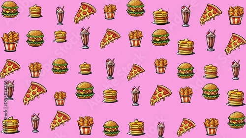 Food products like burgers, fries, milkshakes, pancakes, and pizza on a vibrant pink background ideal for restaurant menus or foodthemed designs.