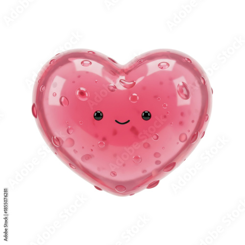 Kawaii pink gummy heart with water droplets, cute smiling face, glossy 3d render isolated on transparent background