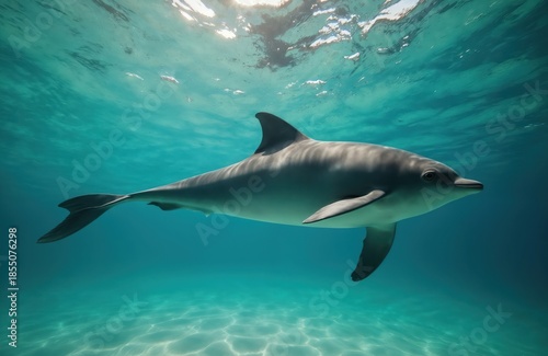 Wallpaper Mural Single dolphin swims in clear blue ocean water over sandy seabed. Sunlight filters through water surface creating bright patterns. Animal glides gracefully underwater. Torontodigital.ca