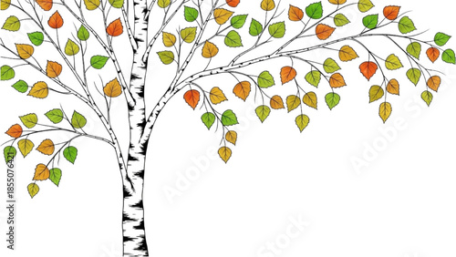 High-quality black outline colorful realistic art of birch tree with slender trunk and delicate branches, elegant forest nature illustration