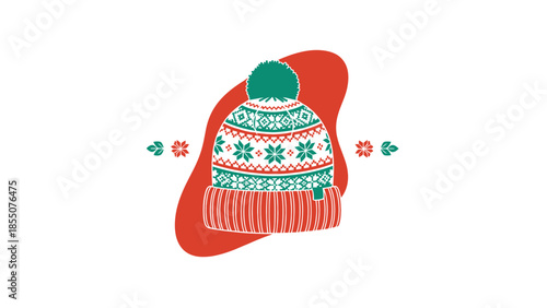 Winter Hat with Snowflake Pattern, Bobble, and Red Abstract Shape