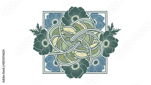 Art Nouveau floral knot with anemones, intricate Celtic design, vintage illustration