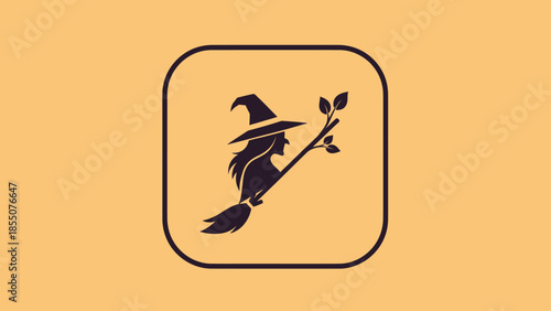 Silhouette of a witch flying on a broomstick with a branch and leaves