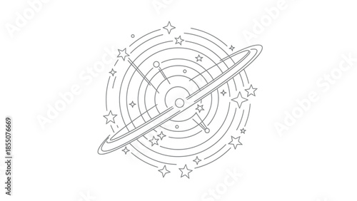 Stylized Saturn-like planet with rings, orbiting stars, and concentric circles