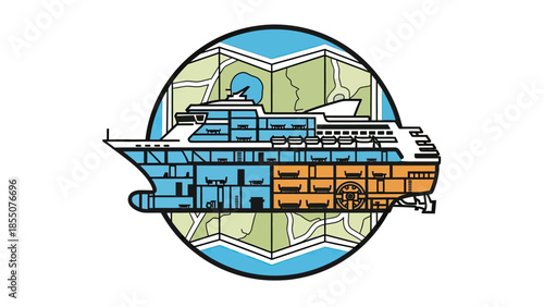 Cross-section of a cruise ship with cabins and amenities, set against a map background.