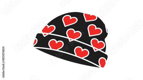 Black Beanie Hat with Red Heart Pattern and White Stripe