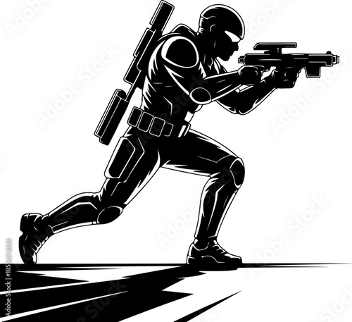Futuristic Soldier Firing silhouette vector illustration