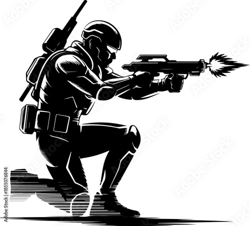 Futuristic Soldier Firing silhouette vector illustration