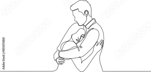 man holding baby in his arms in a one line drawing style
