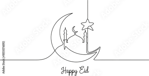 Eid Mubarak celebration with crescent moon and mosque silhouette on white background