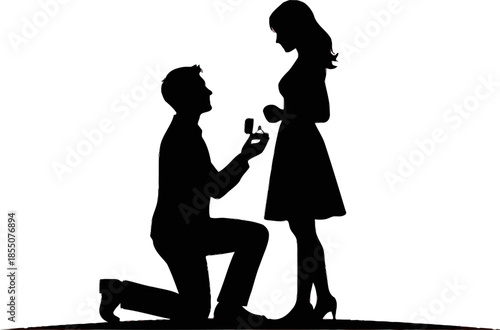 man proposing to woman with ring on one knee in silhouette style on white background