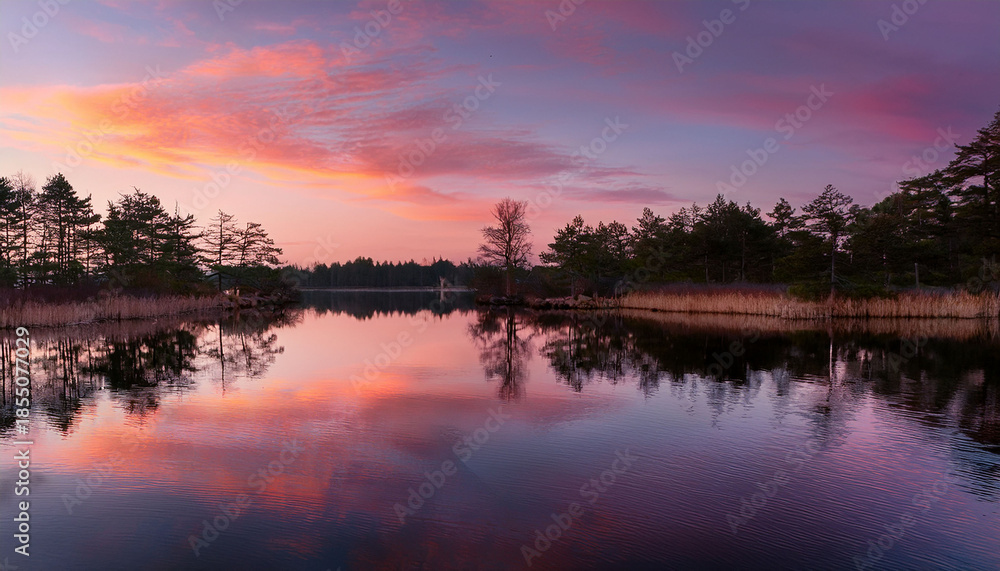 Obraz premium Tranquil Lake Reflecting Soft Pink And Orange Sky With Trees On Calm Water Surface
