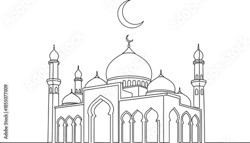 A line drawing of a mosque with domes and minarets under a crescent moon