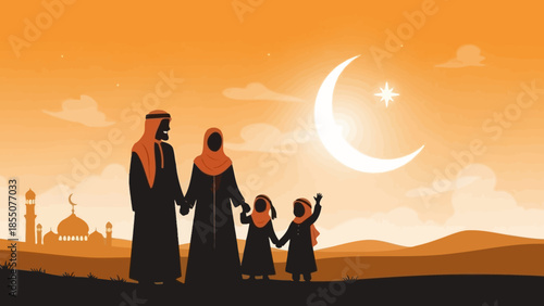 Muslim family standing together under crescent moon and star at sunset with mosque in background