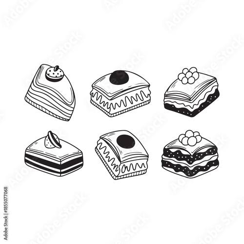 A collection of hand drawn square cakes with various fruit toppings