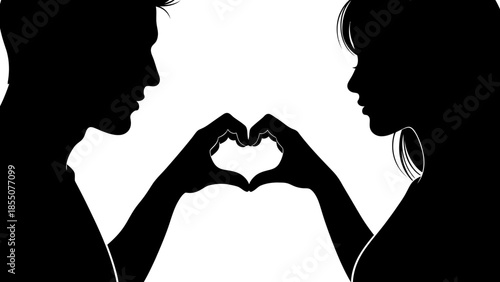 Silhouette of a man and woman forming a heart with their hands in love and affection gesture