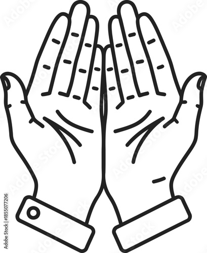 hands together in prayer or greeting  showing palms  simple line drawing