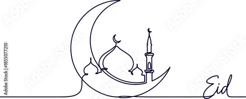 Eid Mubarak celebration with mosque and crescent moon illustration
