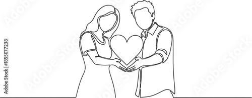 Couple holding a heart in one line art drawing