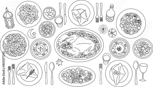 Various dishes and utensils for a festive meal on white background