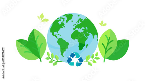 Flat vector illustration of green earth with leaves and recycling symbols, representing sustainability, eco living, and environmental protection.
