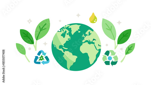 Flat vector illustration of green earth with leaves and recycling symbols, representing sustainability, eco living, and environmental protection.
