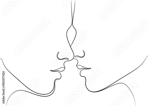 kissing couple faces noses lips one line art minimalist illustration