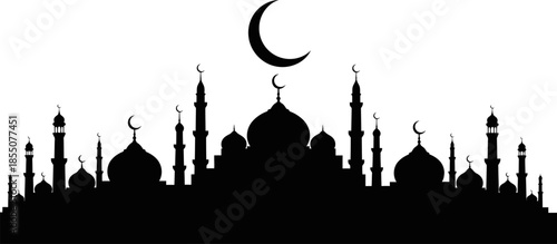 Silhouette of a mosque with domes and minarets under a crescent moon
