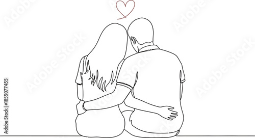 a couple sitting together with a heart above their heads love and affection in a simple line drawing style