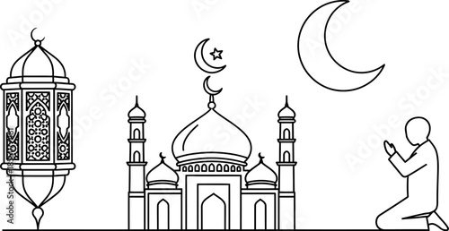 ramadan mosque lantern and man praying under crescent moon and star