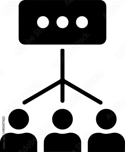 A black and white icon depicting a group of people under a presentation screen