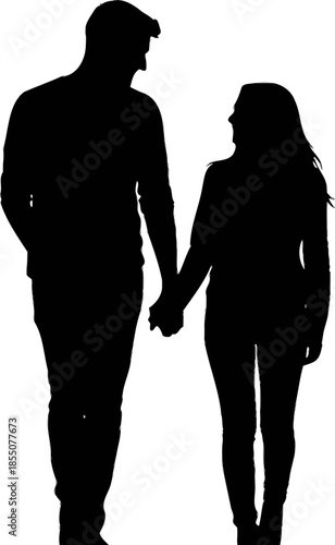 silhouette of a man and woman holding hands walking together side by side in love