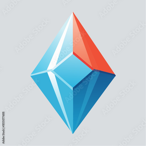 Abstract diamond shape with blue and red facets on a gray background.