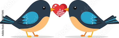 happy valentine's day 14th February two cute birds sitting together on a white background