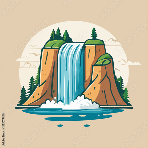 Cartoon illustration of a waterfall cascading over rocks with trees.