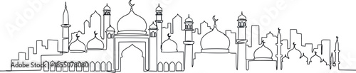 Islamic architecture cityscape with mosques and domes in a line drawing style