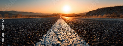 a long road stretches towards the sunrise, with its rays partially visible, casting a warm glow over the paved surface