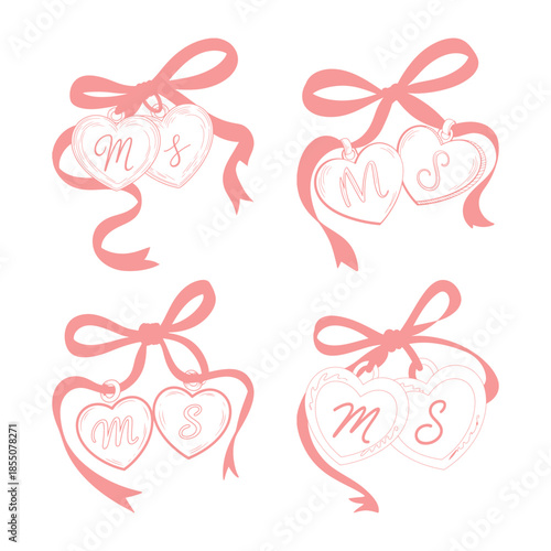 Pink heart lockets with initials M and S tied with ribbons vector illustration