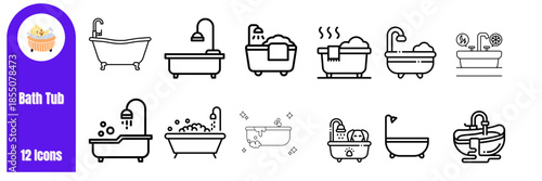 Bath tub line icon set