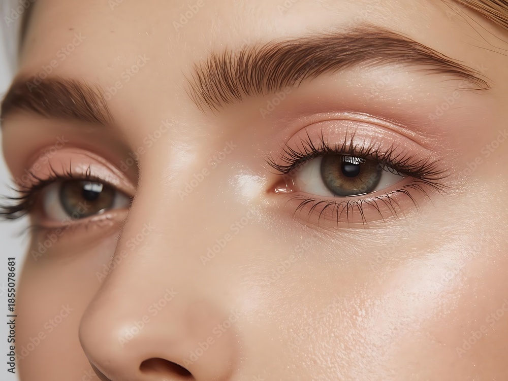 Obraz premium Close-up of a woman's beautiful eye with subtle pastel pink eyeshadow, showcasing a soft and luminous glow, perfect for beauty and fashion content