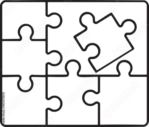 A simple line drawing of a jigsaw puzzle with five pieces, one of which is placed separately from the rest.