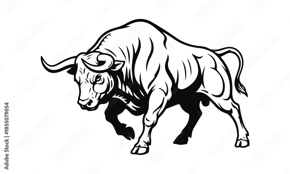 Fototapeta premium Black and white bull silhouette with strong muscular shape, clean contours and dynamic stance on white background. bull silhouette, animal silhouette, strong bull, black white, vector art