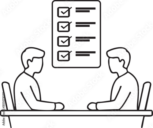 Illustration of two people sitting at a table with a checklist between them.