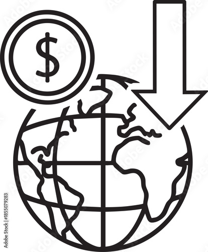 An illustration depicting a global economic downturn with a downward arrow and a dollar sign symbol.