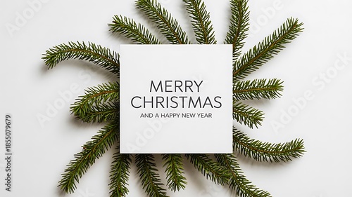 Minimal Christmas greeting card with pine branches on white background
