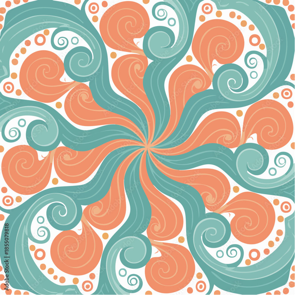 Fototapeta premium Vibrant graphic pattern featuring swirling shapes and floral design in orange and teal hues